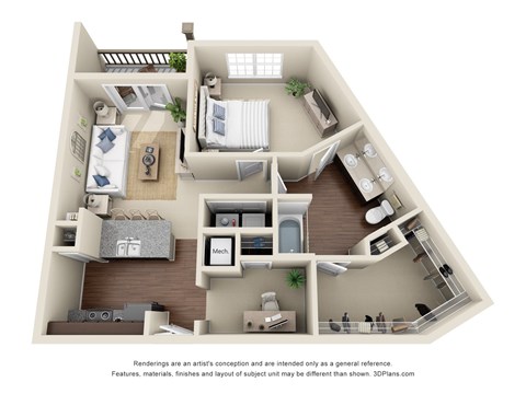 Floor plan for 1 bed, 1 bath, 838 sqft